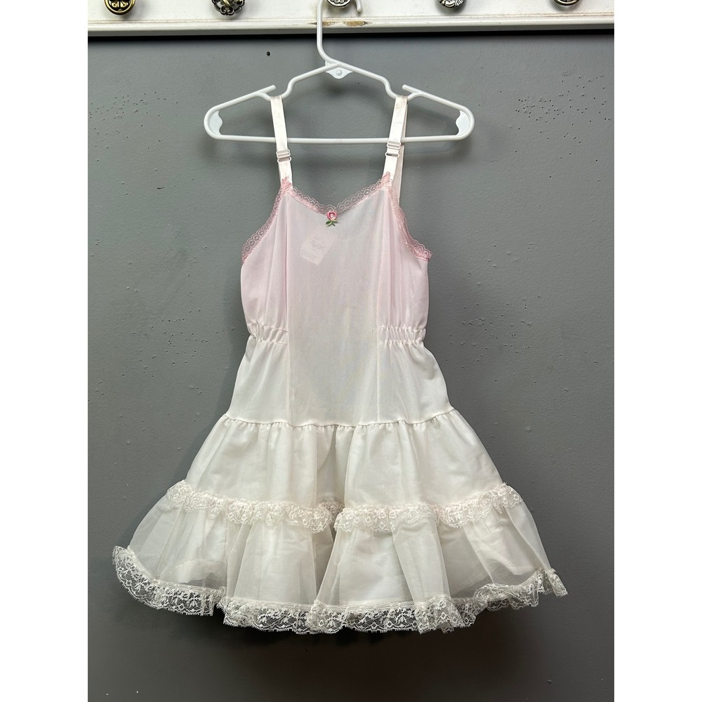 Buy Off! Full Slip Kids Size 4 Pink White Vintage Tiered Ruffle Lace Trim 429